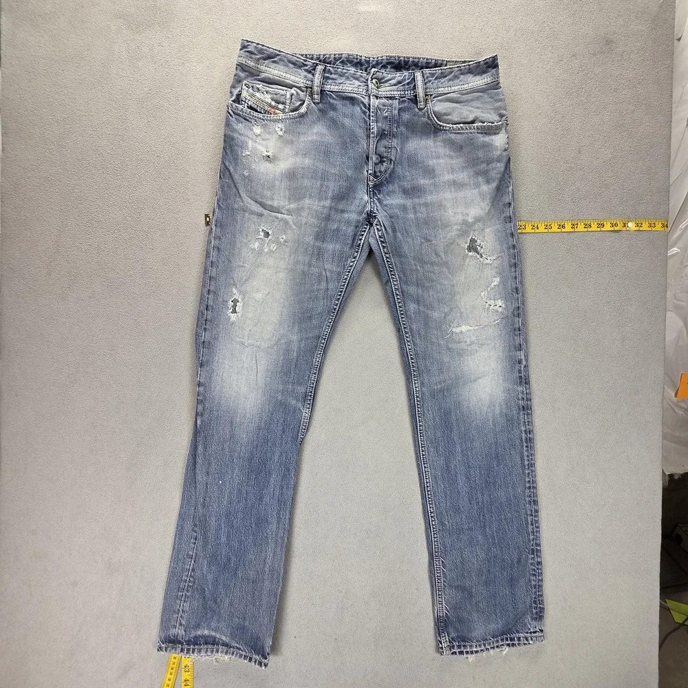 Diesel Jeans Mens 34x34 Blue Waykee Regular Straight Distressed Button Fly 0810L
